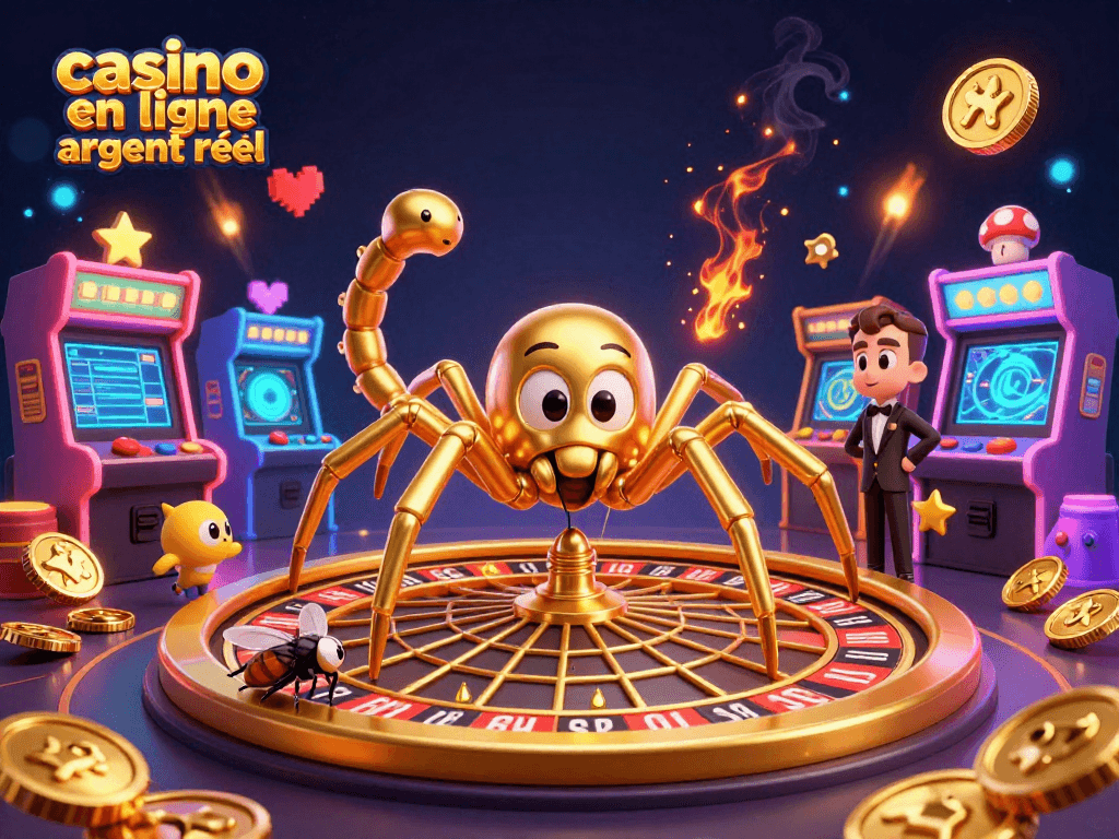 Jouez au casino en ligne argent réel avec ce visuel coloré et engageant illustrant une araignée dorée et un croupier centipède.