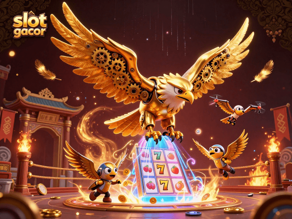 Experience excitement with slot gacor surrounded by golden coins and vibrant casino elements.