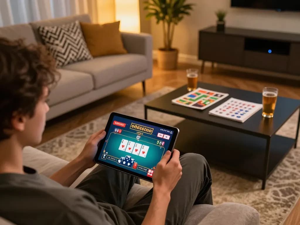 Engaging in online gaming at o8casino with a tablet showing poker action and strategy notes