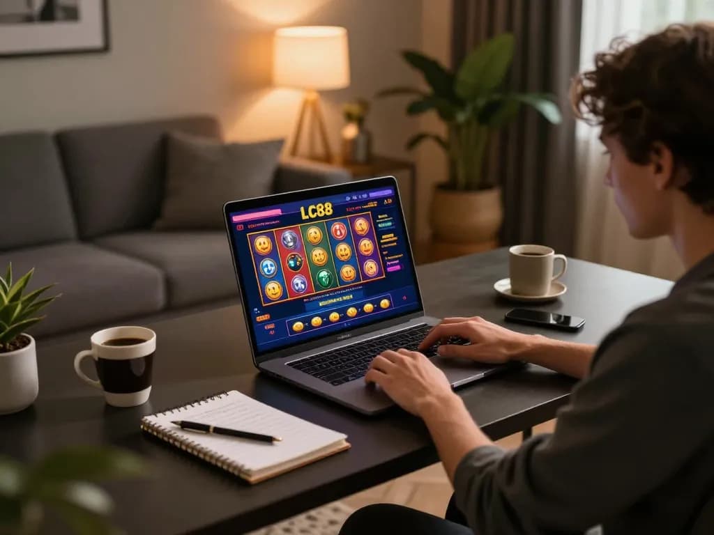 Player enjoying online gaming at LC88 from a stylish home office setting, with laptop and betting notes.