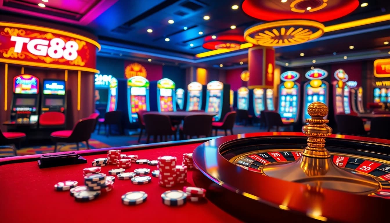 Engage with exciting games at TG88, featuring vibrant poker chips, lively roulette, and stunning slot machines.