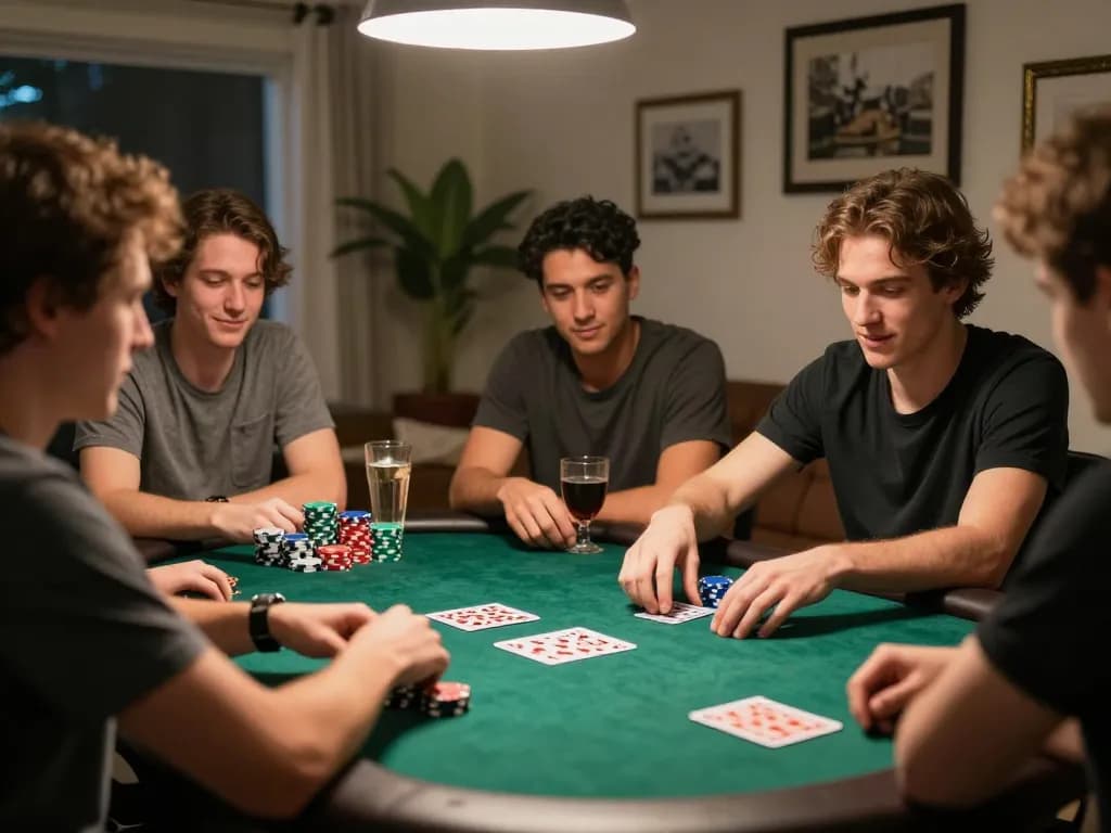 Intense moments of strategy as players analyze cards in poker game at a home gathering, showcasing nhan dinh keo nha cai atmosphere.