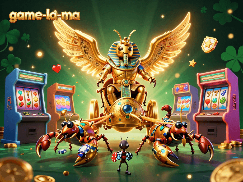 Engage with game-la-ma in an immersive casino adventure featuring vivid slot elements and an exciting 3D scene.