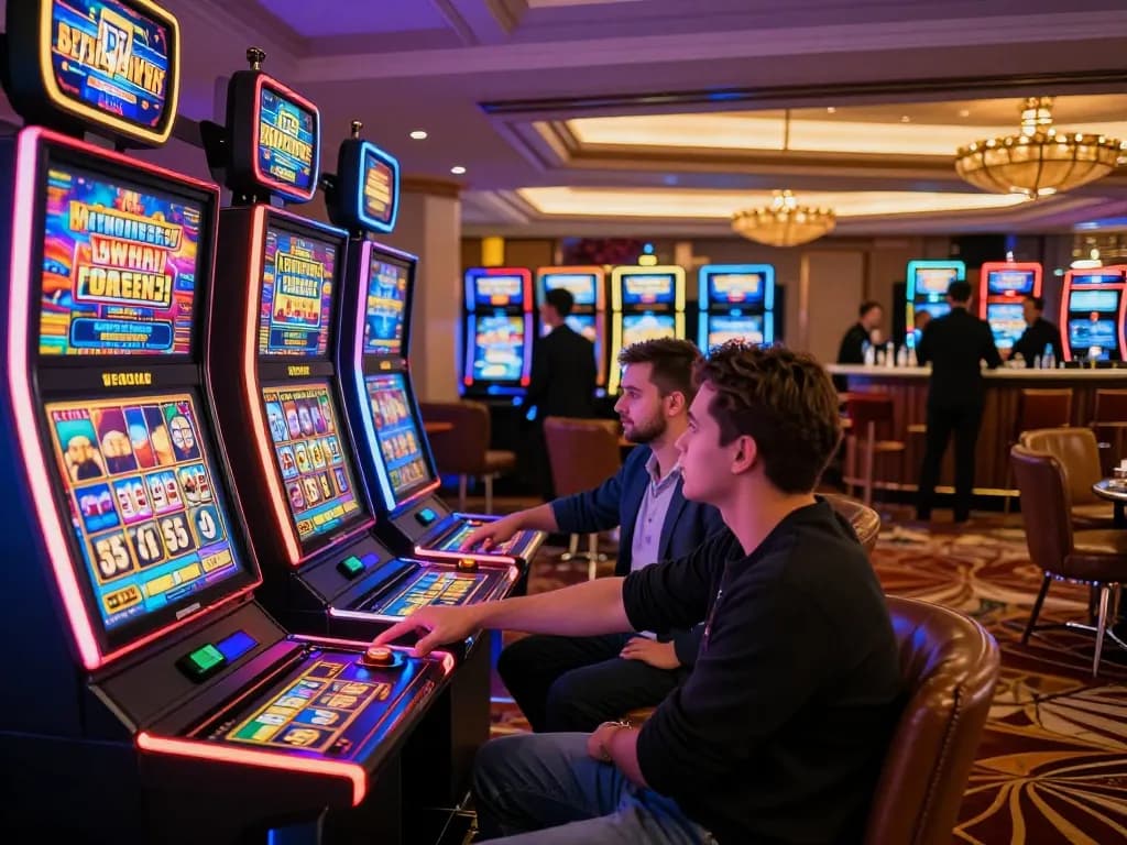 Players enjoying vibrant slot machines at LC88 casino, showcasing the thrill of gaming.