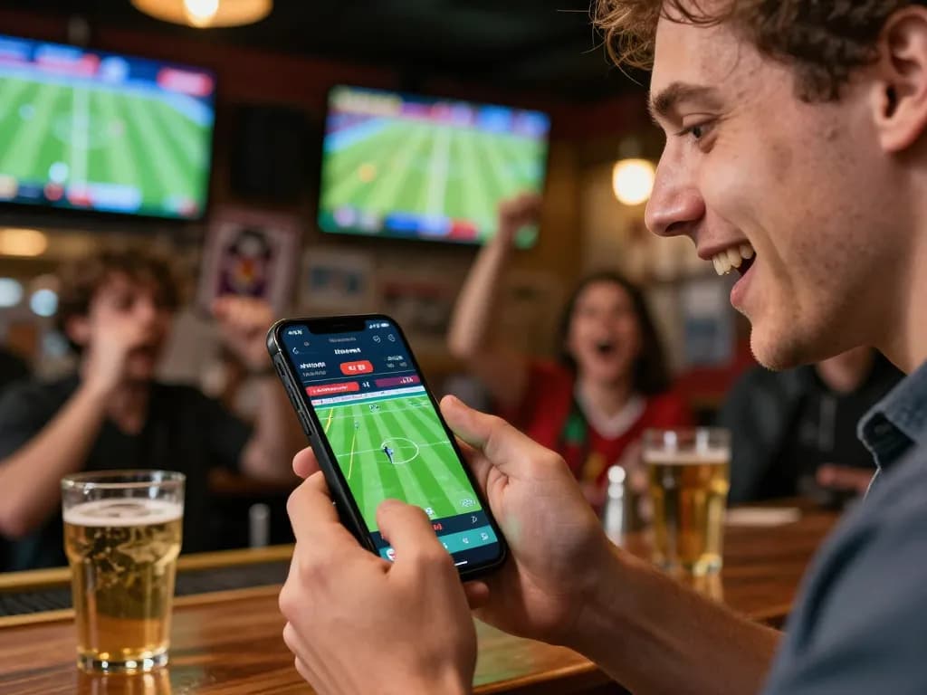 Person engaging in live sports betting on mobile app, highlighting kèo nhà cái action in a lively social setting.