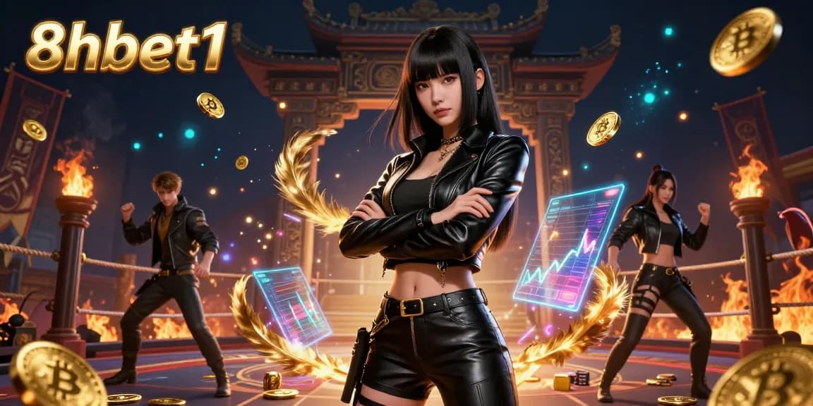 Experience thrilling gaming action with 8xbet1, featuring a stunning Asian woman surrounded by dynamic casino elements.
