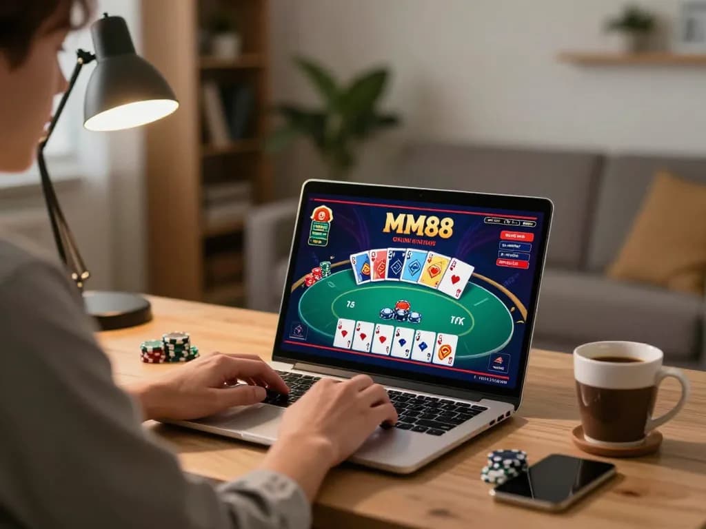 Engaging online gaming session at đại lý mm88 with vibrant poker interface on laptop, showcasing strategic gameplay.
