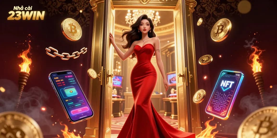 Bet on Nhà cái 23WIN at a vibrant casino scene, where a stunning woman stands beside glowing crypto elements.