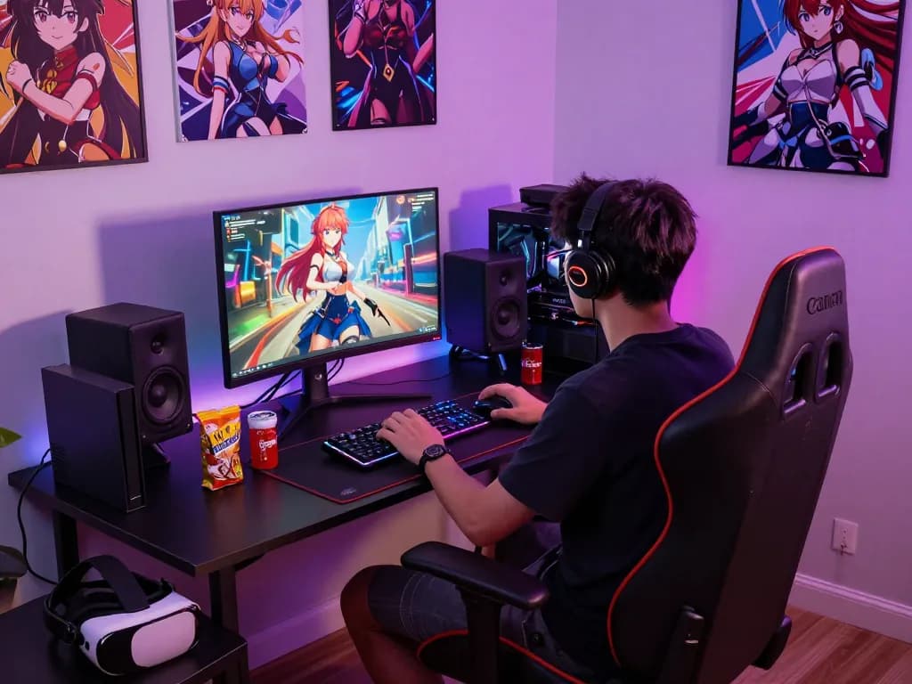 Engaged gamer playing immersive hentai games in a vibrant setup with colorful LED lights.