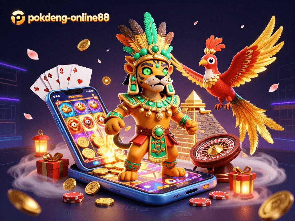 Experience thrilling Pok Deng action with pokdeng-online88 in this vibrant 3D casino scene.