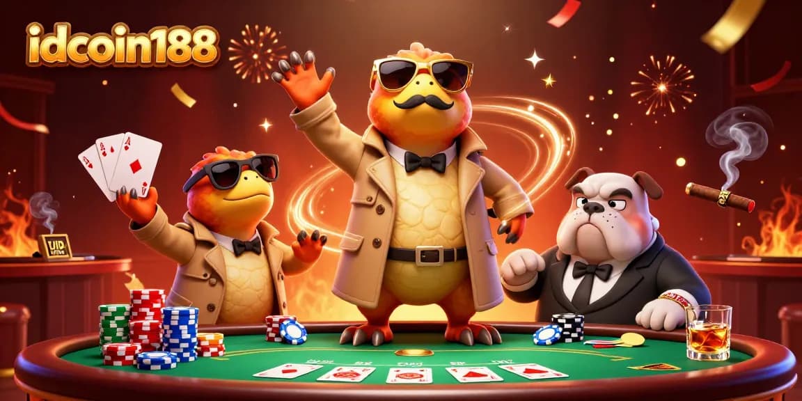 Play poker at idcoin188 with raptors in disguise entering a VIP lounge illustration.