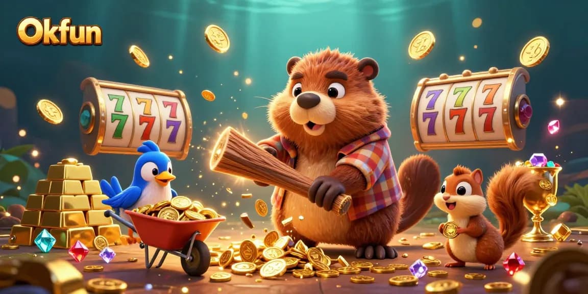 Engage with the vibrant Okfun scene featuring a beaver, bird, and squirrel in a dynamic casino atmosphere.