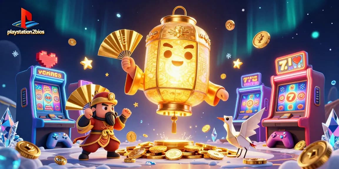 Playstation2bios gamifies fun with a dazzling 3D golden lantern spirit in a casino scene.