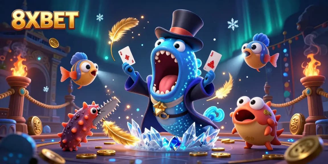 8XBET showcases a magical scene with sea creatures performing casino tricks, emphasizing underwater gambling fun.