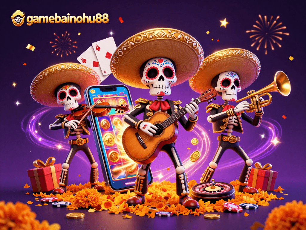Experience the excitement of gamebainohu88 with festive mariachi skeletons and vibrant casino elements.
