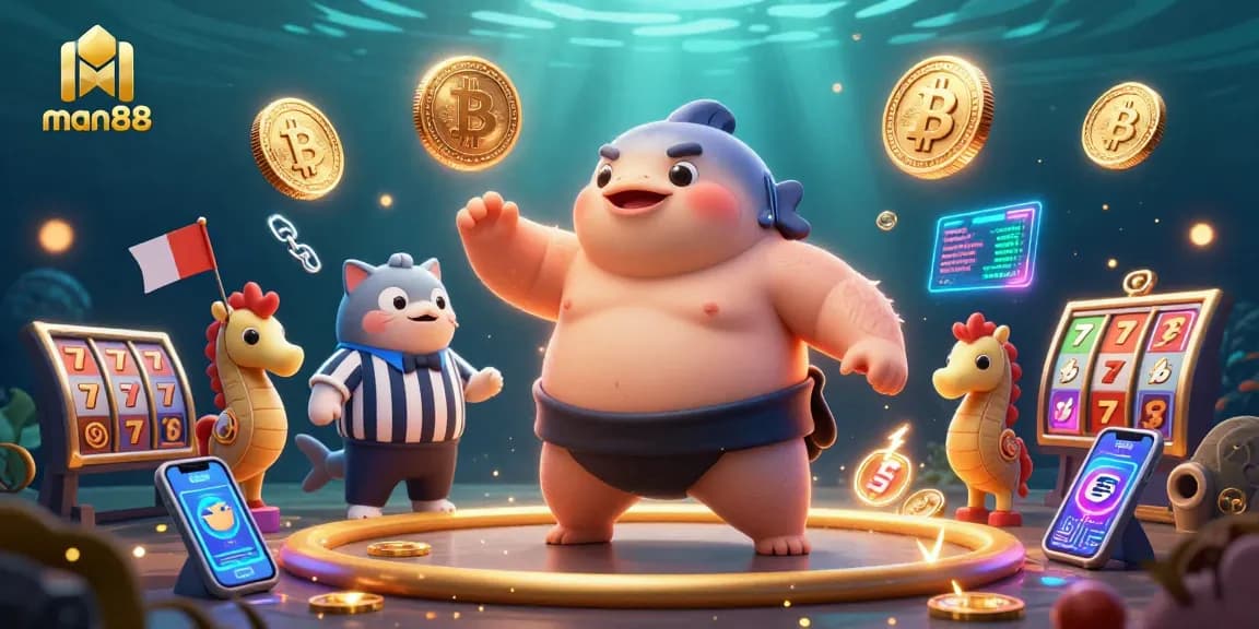 Experience thrilling gameplay with man88's vibrant underwater casino featuring a fugu sumo wrestler.