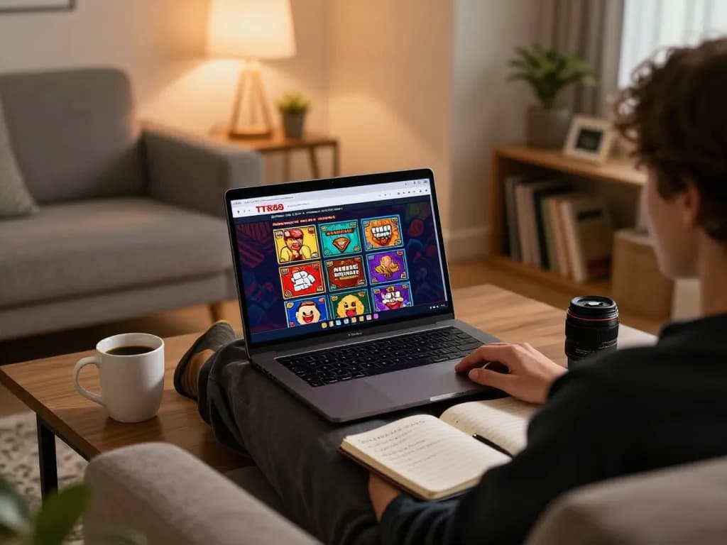 Person engaging in TR88 online gambling while analyzing strategies in a cozy living room.