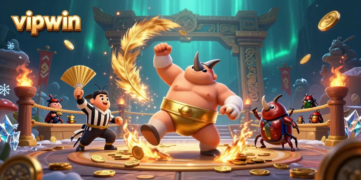 Engage with exciting gameplay at vipwin featuring 3D cartoon sumo beetles amidst a vibrant casino arena.