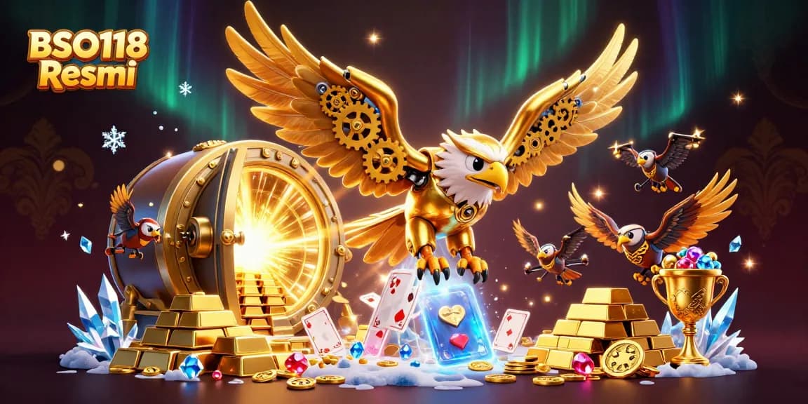 Engage in thrilling gameplay with BSO118 Resmi, a vibrant casino scene featuring golden treasures and holographic cards.