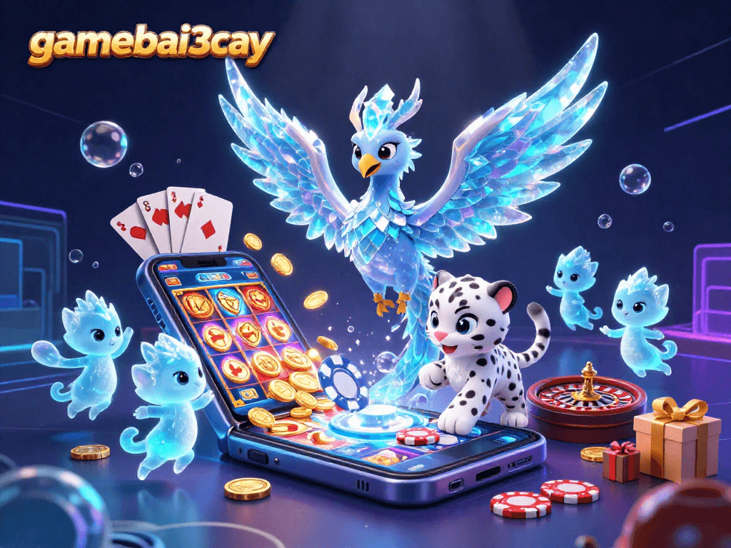 Experience big wins at gamebai3cay in a vibrant casino-themed 3D illustration.