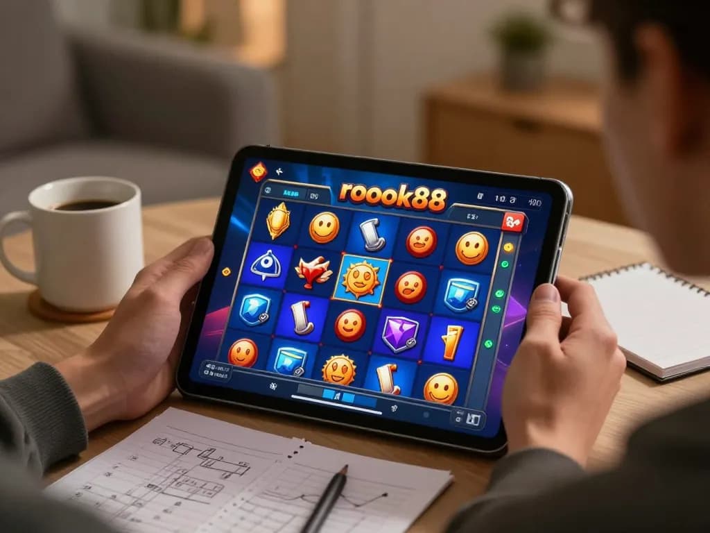 Engaging with rokok88 slot game on a tablet in a cozy gaming setup.