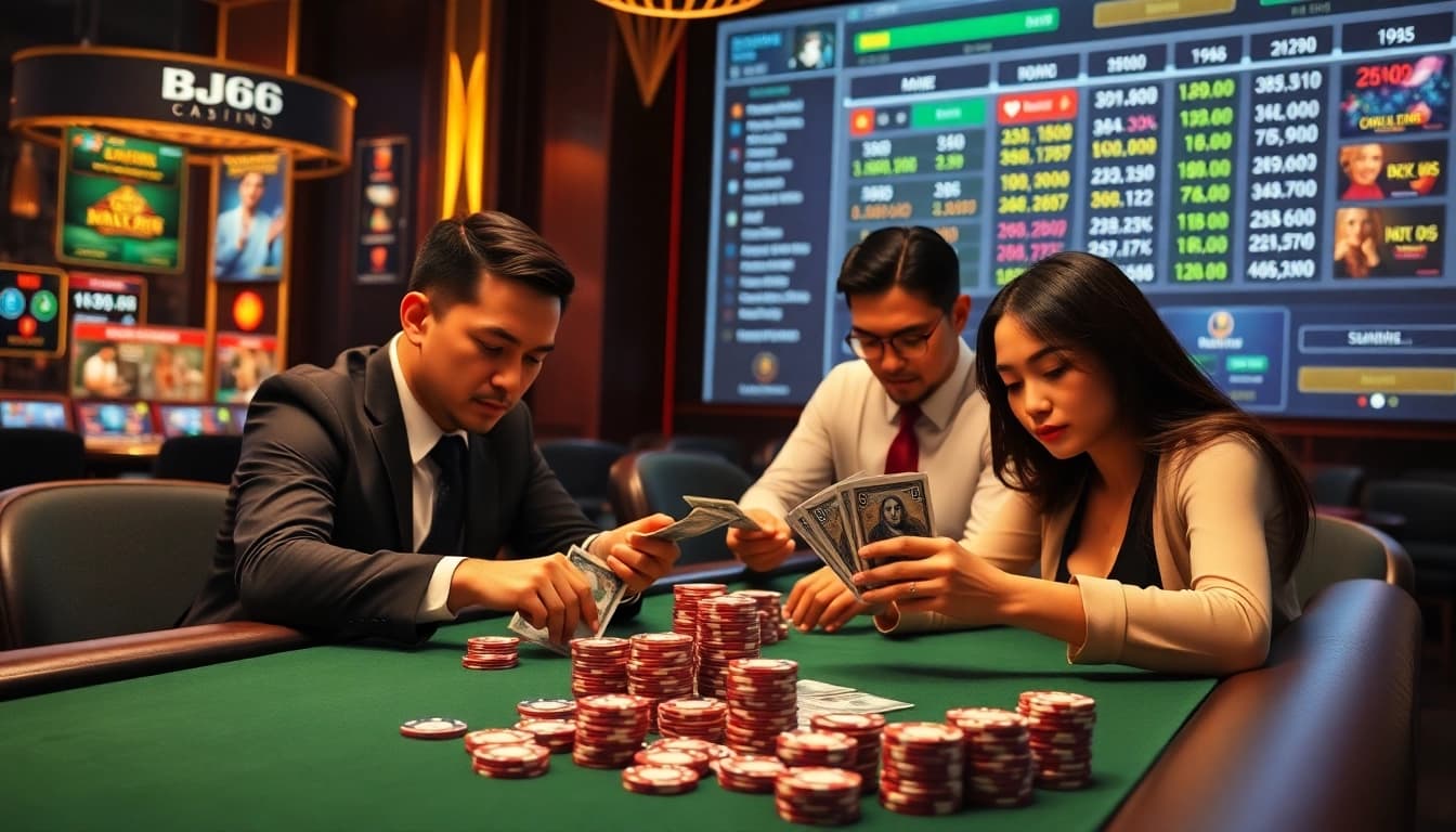 Players engaging in a thrilling poker game at nhà cái bj66, showcasing excitement and luxury in online gambling.