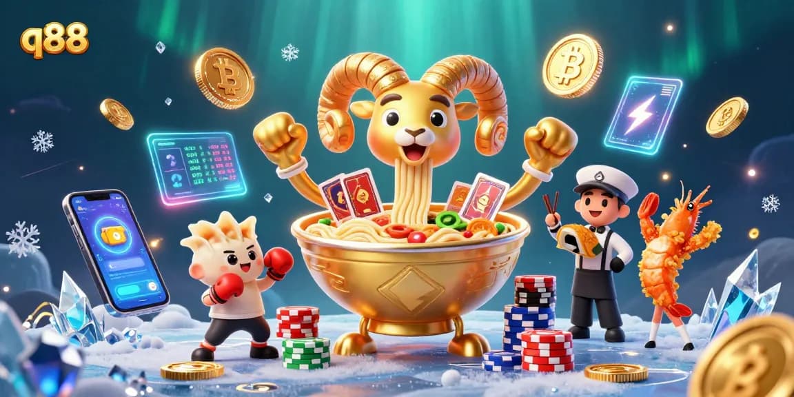Engage with q88's vibrant 3D casino scene featuring dynamic gaming elements and playful characters.