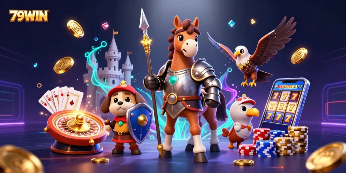 Win big at 79WIN with thrilling games featuring a knight, squire, and falcon amidst casino excitement.