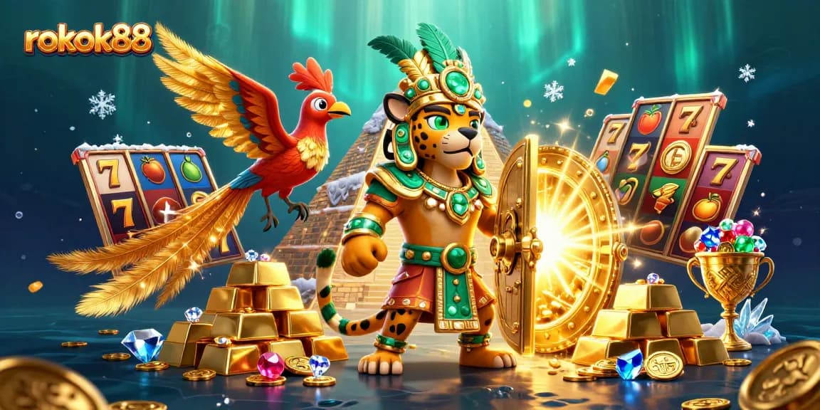 Spin and win with rokok88 in this vibrant casino-themed illustration featuring dazzling treasures.