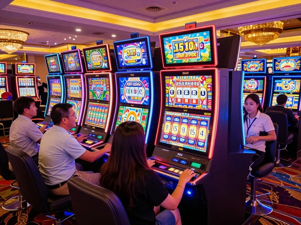 Pemain menikmati putaran mendebarkan di mesin slot berwarna-warni di lingkungan kasino yang hidup