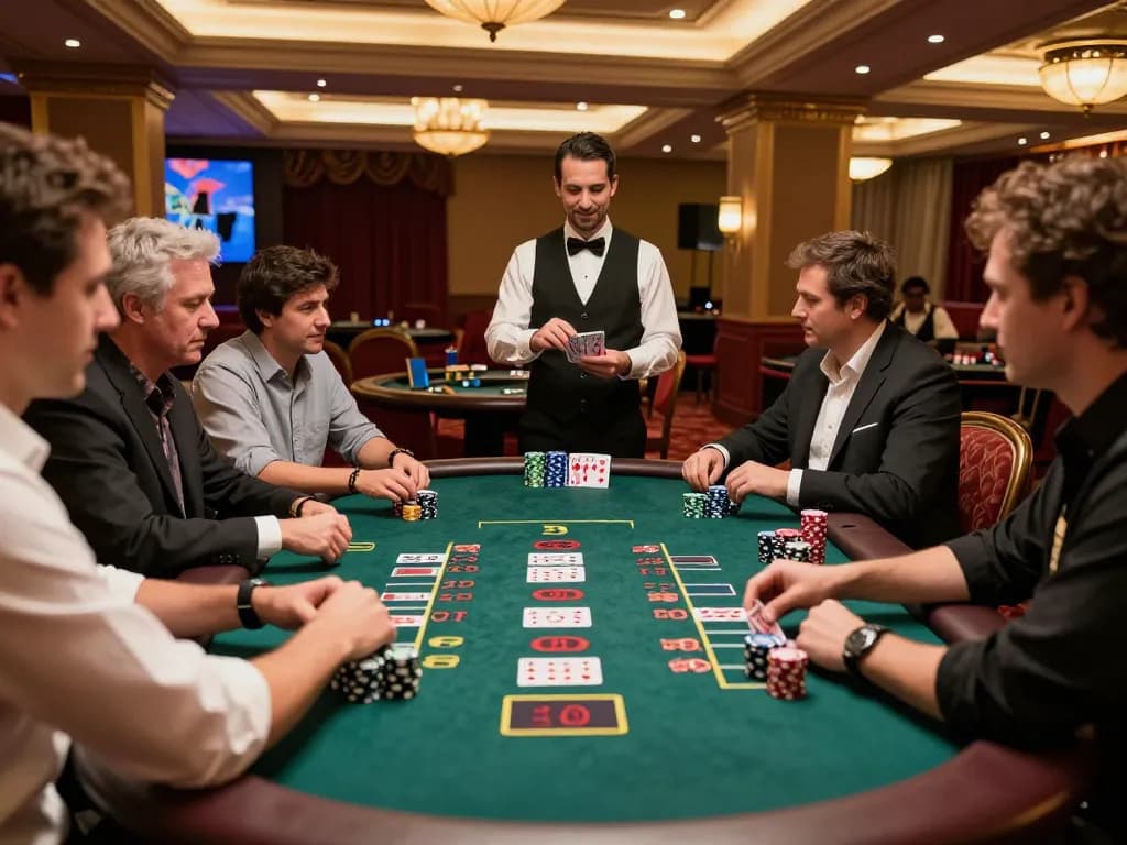 Players engaged at a blackjack table in a lively casino scene, highlighting the excitement around 33win1 gaming experience.