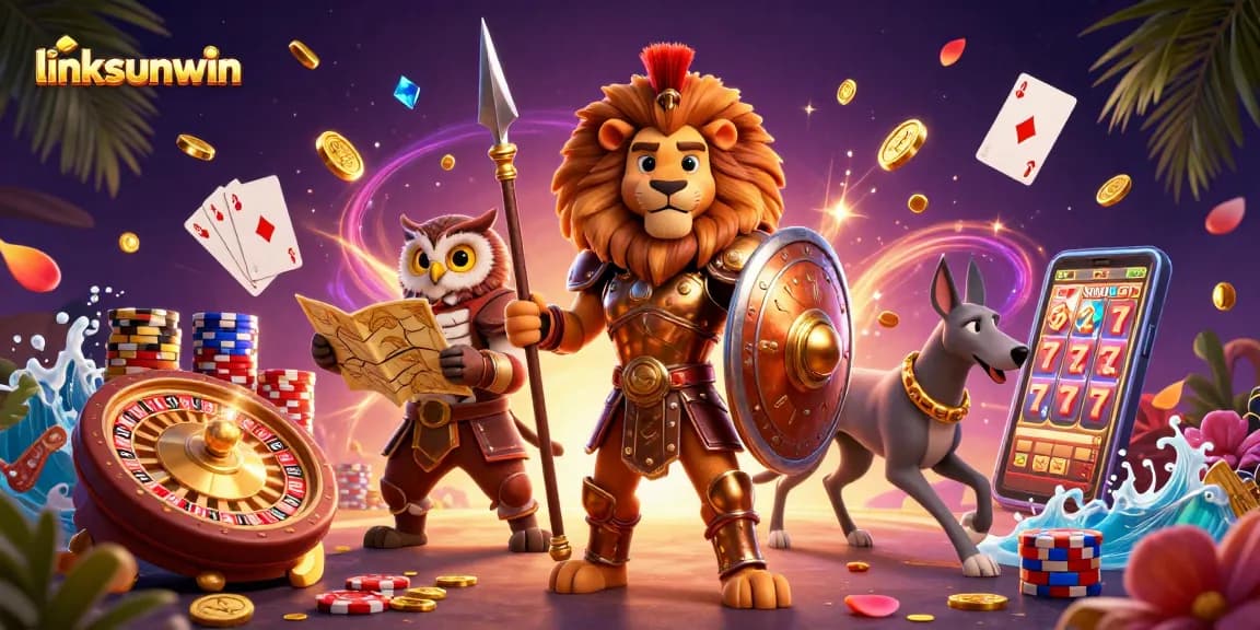 Join the gaming adventure with linksunwin featuring a Spartan lion, owl strategist, and greyhound amidst a dazzling casino scene.