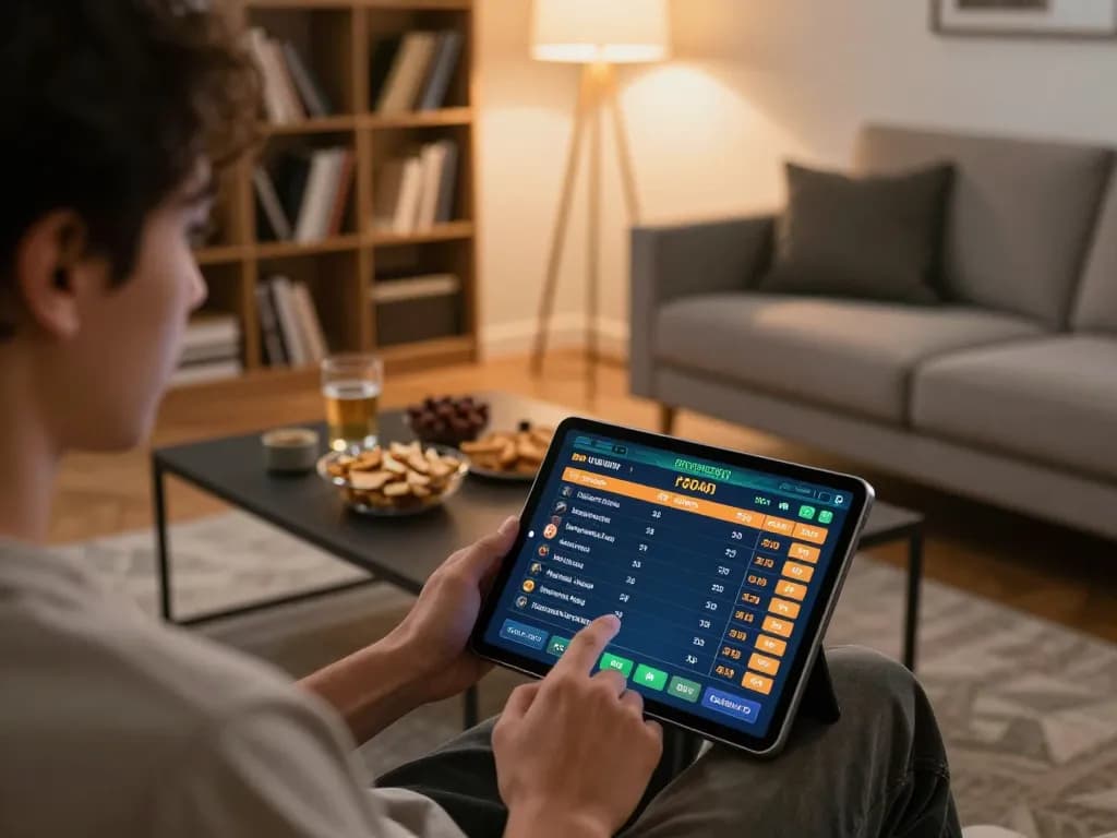 Interagire con siti scommesse non AAMS su tablet da un'accogliente ambiente domestico con snack