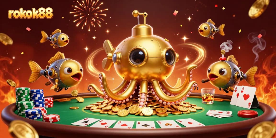 Play poker with rokok88 as golden creatures celebrate a winning hand in a treasure-filled casino scene.