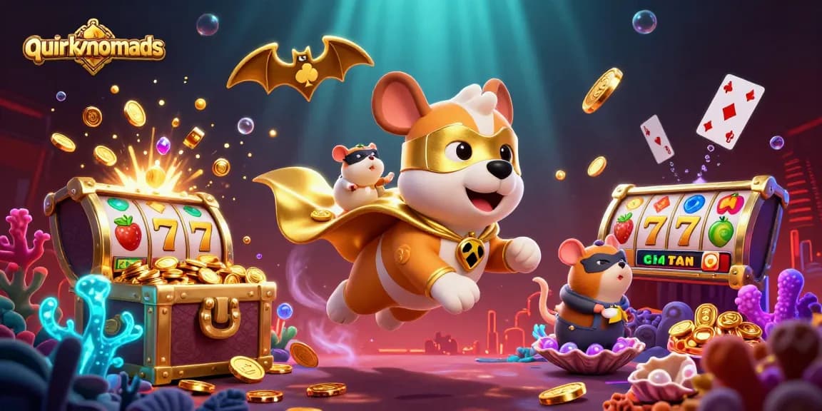 QuirkyNomads' superhero dog and hamster flying through an exciting casino-themed scene.