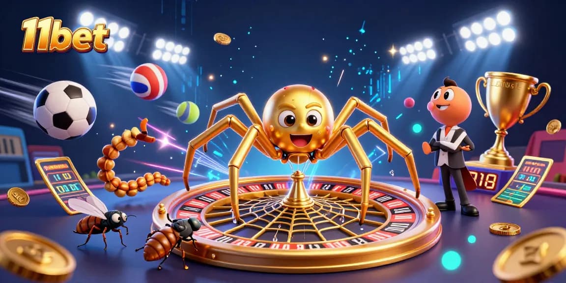 Engage in thrilling bets at 11bet with a dynamic casino-themed illustration featuring a golden spider and vibrant sports elements.