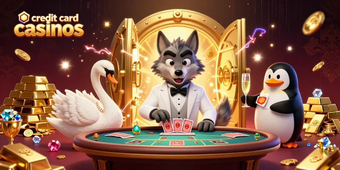 Engage with credit card casinos in this vibrant scene featuring a debonair wolf, an elegant swan, and a penguin sommelier.