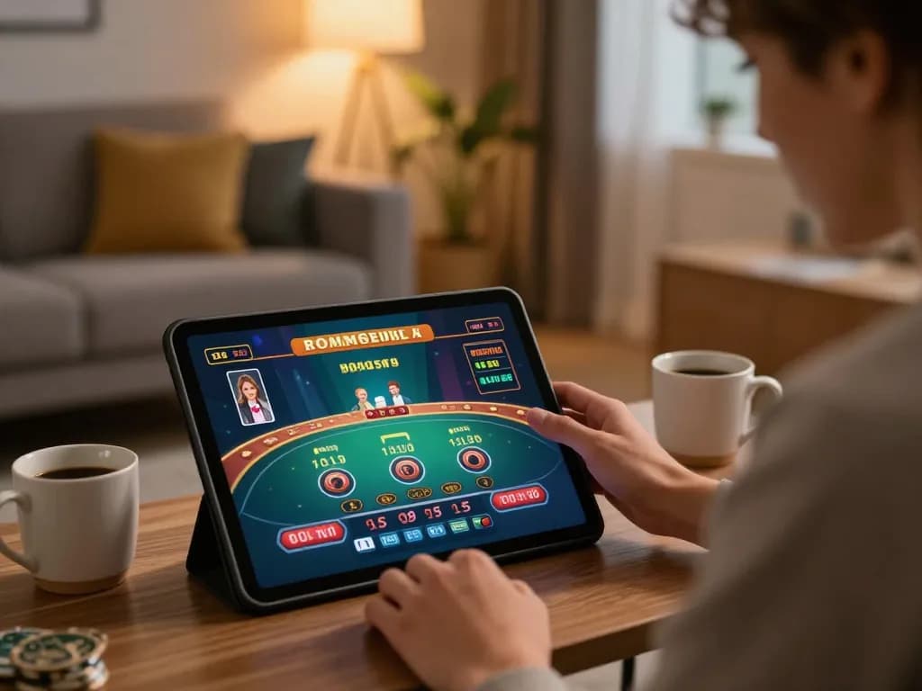 Engaging player enjoying a live dealer game on a tablet, representing nhà cái uy tín nhất hiện nay in a comfortable home setting.