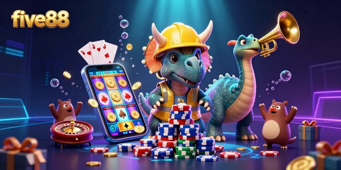 Celebrate five88 with a vibrant illustration of a triceratops building poker chip pyramids amid casino excitement.