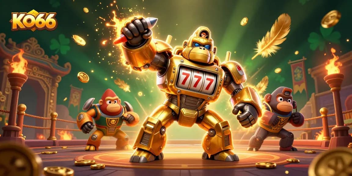 Experience thrilling KO66 gaming with a dynamic 3D golden gorilla mech bursting with coins and excitement.