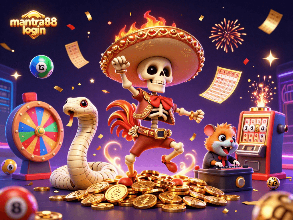 Experience the excitement of mantra88 login with vibrant casino-themed characters and dynamic elements.