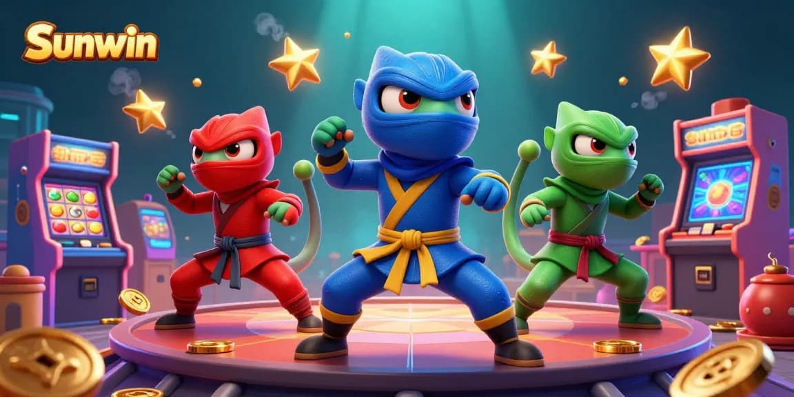 Join the action at Sunwin with vibrant chameleons in synchronized martial arts amidst casino excitement.