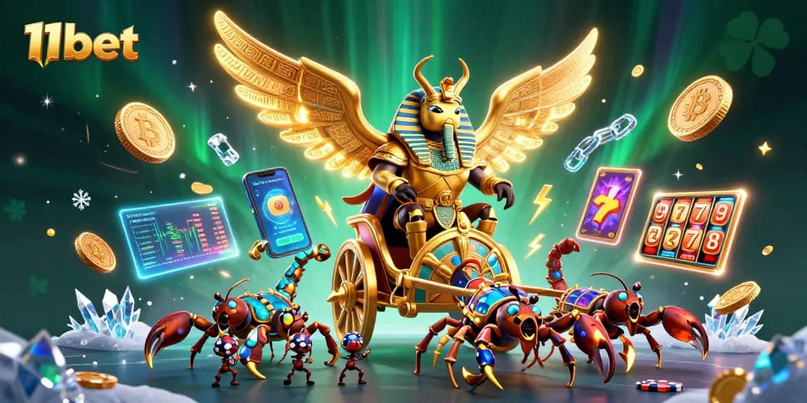 Experience thrilling slots with 11bet through intricate 3D casino illustration featuring a colossal scarab beetle.