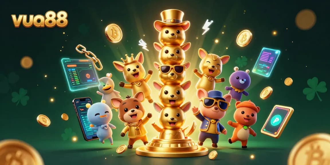 Engage with vivid vua88 casino imagery featuring animated golden totem poles and crypto elements.