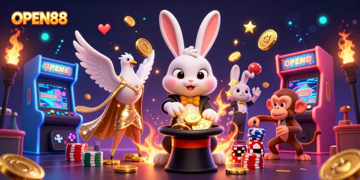Engage with OPEN88 featuring a magician rabbit, a dove, and a monkey amidst a vibrant casino scene.