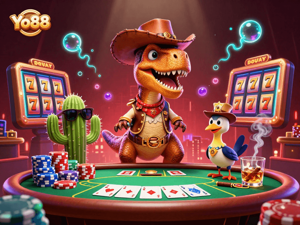 Engage with Yo88's exciting poker scene featuring a lively cowboy dinosaur and vibrant casino elements.