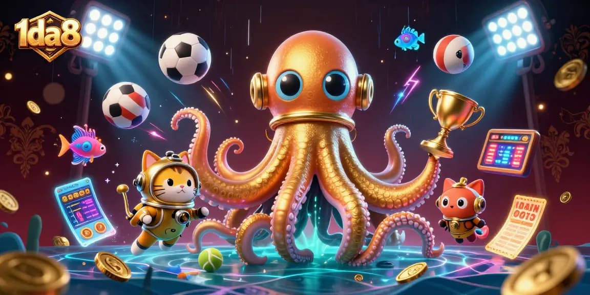 Immerse in the vibrant world of 1da88 with a kraken, diving cat, and glowing sports elements.