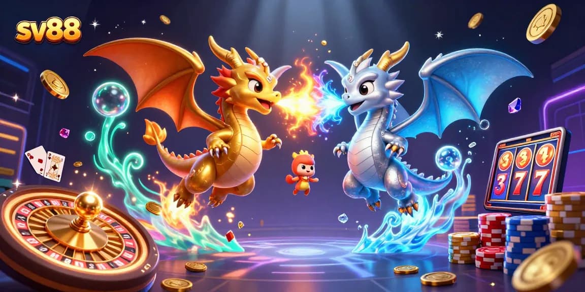 Engage with sv88's thrilling 3D illustration, showcasing magical dragons amidst dazzling casino elements.