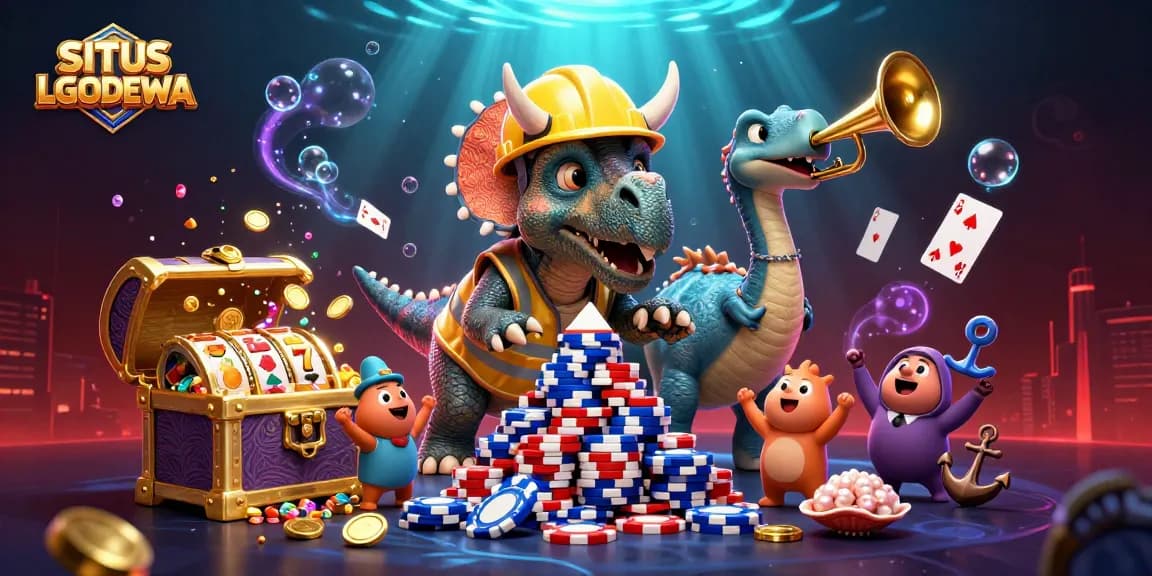 SITUS LGODEWA celebrates winning moments with dynamic casino-themed triceratops and vibrant visuals.