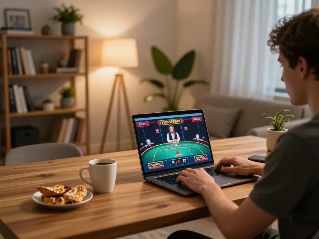 TR88 online gaming enthusiast enjoying a live dealer game on laptop in cozy home setup